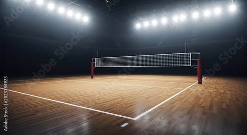 An empty indoor arena displays a professional volleyball court with gleaming hardwood floors, crisp markings, and overhead stadium lighting, polished, hardwood, shiny