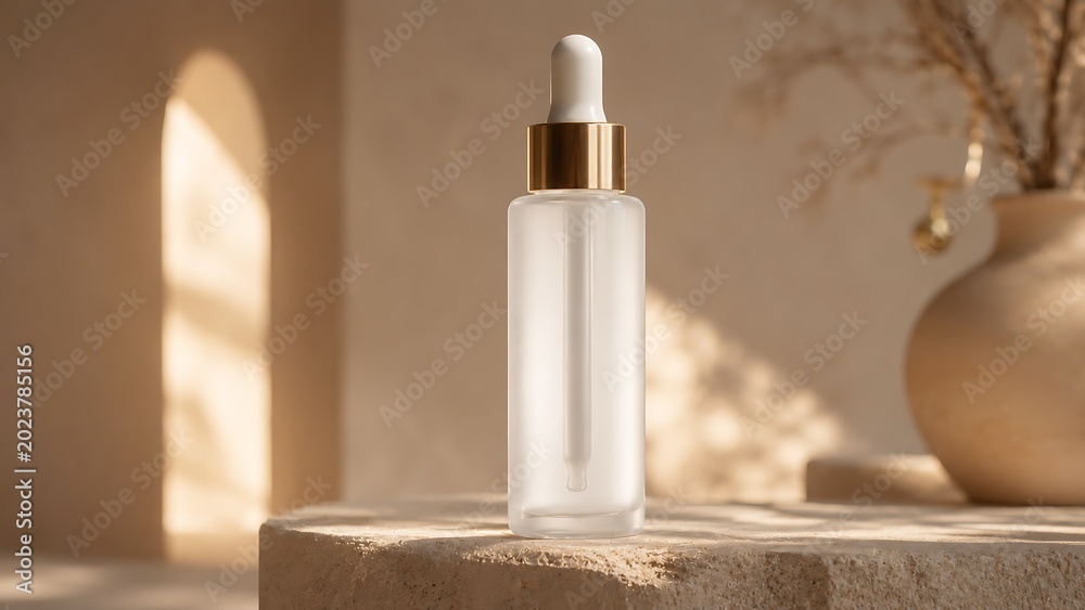 Naklejka premium Clear glass dropper bottle with gold cap on light textured surface