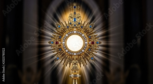 An ornate golden monstrance displays a white consecrated host, radiating brilliant light against a dark, sacred church interior setting, shining, ritual, cultural
