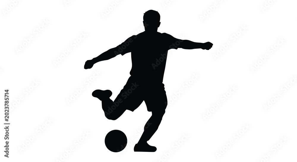 Obraz premium Man kicking soccer ball dynamic pose black silhouette