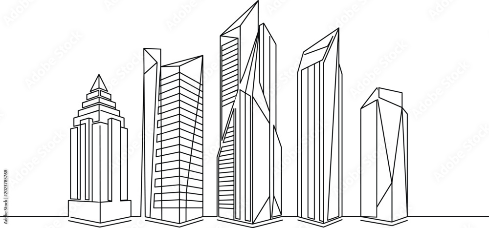 Obraz premium Modern City Skyline Line Art Illustration with Futuristic Skyscraper Buildings for Urban Architecture, Business, and Real Estate Vector Design