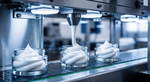 Close-up of an automated stainless steel machine dispensing thick white cosmetic cream into glass jars on a moving factory conveyor belt, batch, sterile, glass