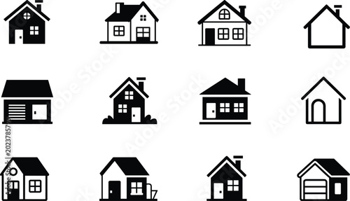 Schilderij op canvas Black silhouette vector icons of houses with chimneys, garages, porches, and var