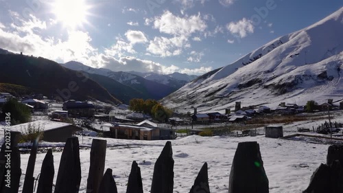 View of Snowy Ushguli Village in Georgia in Caucasus Mountains