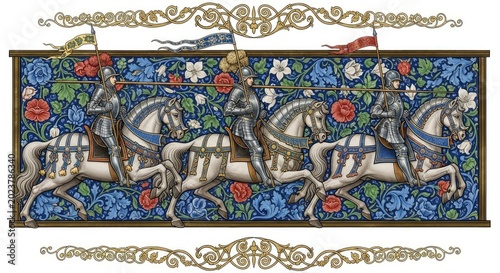 Decorative frieze showing three armored figures on galloping horses across a floral background with ornate gold swirls in illuminated style, ornate, historical, illuminated