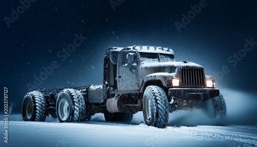 mad max inspired big rig truck riding through night winter