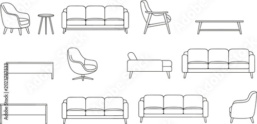 Canvastavla Minimalist vector line drawings of sofas, armchairs, coffee tables, and side tab