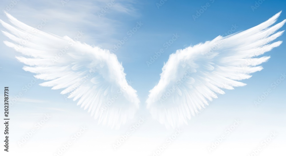 Fototapeta premium Ethereal white cloud formations shaped like wings spread across a soft blue and white background, creating a calm and abstract sky view, celestial, ethereal, texture