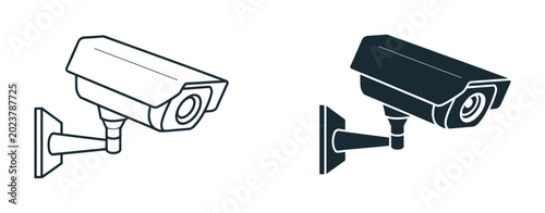 Bild auf Leinwand Security Camera Icons: Two surveillance cameras, one outlined and one filled, mounted on a wall