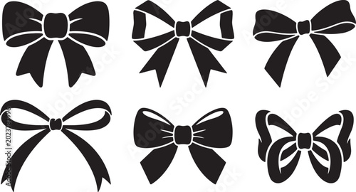 Six black bow tie on white background, bowtie ribbons