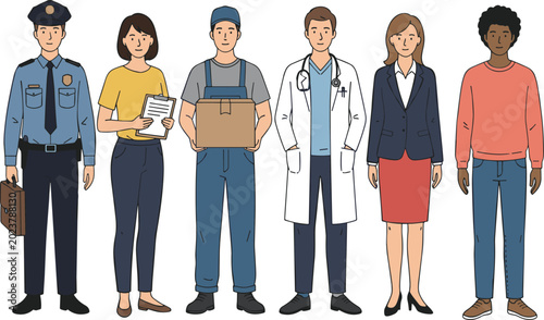 Canvastavla Vector illustration of diverse professions including police officer, delivery wo