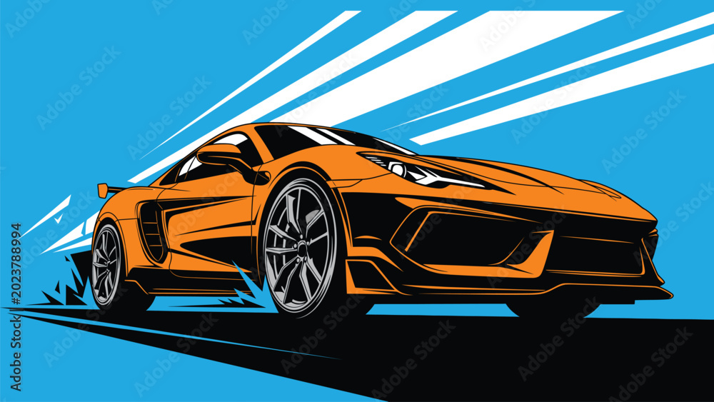 Fototapeta premium A sleek, modern sports car depicted in a dynamic black and orange illustration, suggesting speed.