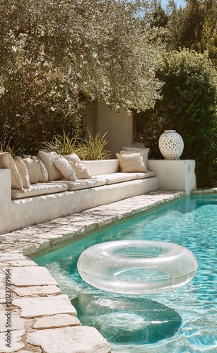 une bouée dans une piscine, luxe, été, vacances, location, logement, relax, détente
