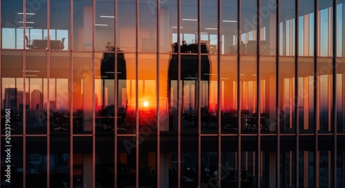 Brilliant sunset illuminates the glass facade of a modern corporate building overlooking a city skyline.