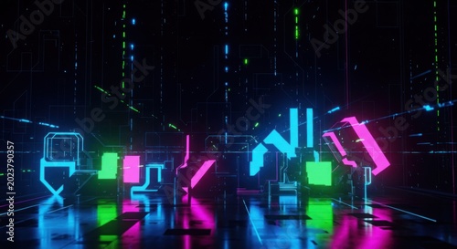 Fluorescent digital elements illuminate a dark, futuristic environment with reflective flooring.