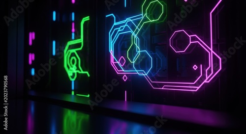 Fluorescent geometric patterns glow vividly within a dark futuristic architectural setting