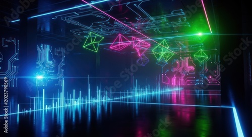 Glowing geometric shapes float above a digital landscape illuminated by neon circuitry and light bars