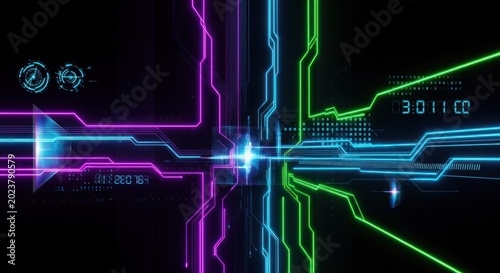 Symmetrical neon circuitry streams illuminate a dark digital interface with glowing data points