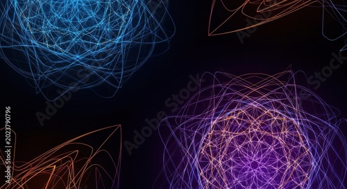 Complex abstract patterns composed of luminous, interwoven lines create dynamic visual forms on a dark background.