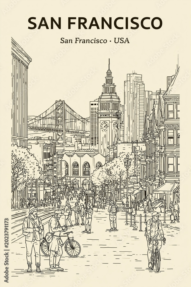Obraz premium San Francisco Skyline Illustration: A charming line art illustration captures the iconic skyline of San Francisco.
