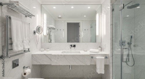 Luxurious modern bathroom interior showcases white marble surfaces and polished metal fixtures