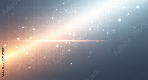 Abstract digital background features interconnected nodes and bright light streaks across a grid