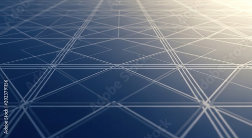 Abstract digital surface displays interwoven geometric lines receding into a bright horizon