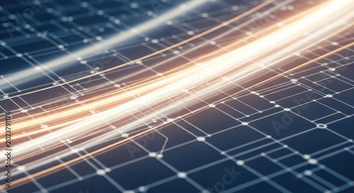 Bright streaks of light race across a digital grid structure with connected nodes.