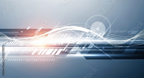 Dynamic abstract background featuring glowing light waves and technological geometric elements across the horizontal plane