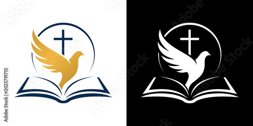 Konstfotografi Open Book Logo Vector, Flying Bird Silhouette on Bible Icon, Education Publishin