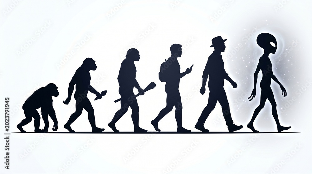 Obraz premium Human Evolution to Modern Alien Silhouette Concept Showing Progress From Primate to Alien