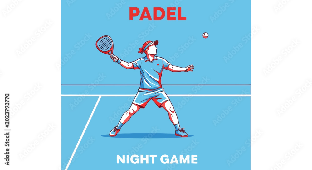 Fototapeta premium Dynamic Padel Player Performing a Serve During a Night Game, Vector Style Illustration