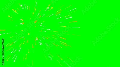 Abstract fireworks display on a vibrant green screen background offers a versatile element for visual effects and chroma key editing.