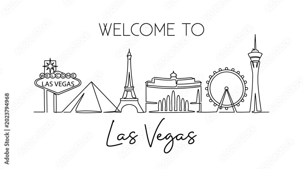 Obraz premium Las Vegas Skyline Welcome Sign: Continuous Line Art