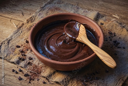 Melted chocolate in a clay bowl with a wooden spoon on a rustic wooden table