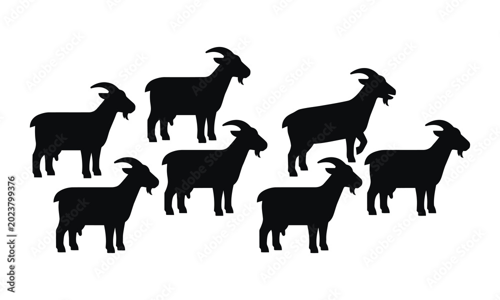Fototapeta premium Seven black goat silhouettes with horns and beards, standing scattered on a clean white background, depicting farm animals.