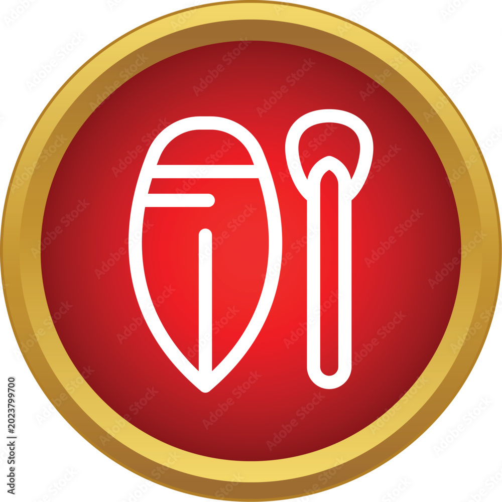 Fototapeta premium Red round button showing a white outline icon of a shield and a stick