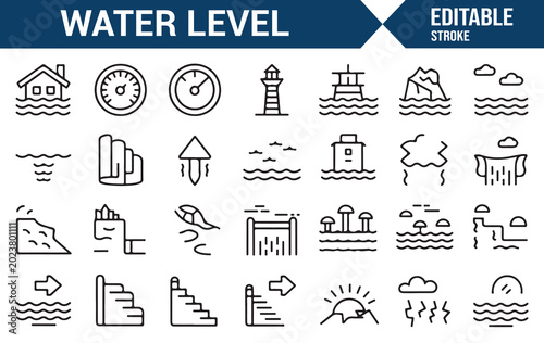 Hydrology Water Level Line Icons With Tide River Dam and Reservoir Design