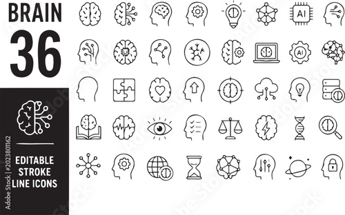 Fotografie A collection of thirty six brain line icons featuring various concepts of human