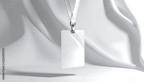 Blank white vertical identification badge on a lanyard, hanging against a soft draped fabric background with subtle lighting and shadows, ideal for event access or corporate identity.