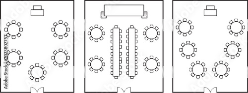 Fotografia Three distinct floor plan layouts showing different seating arrangements for a c