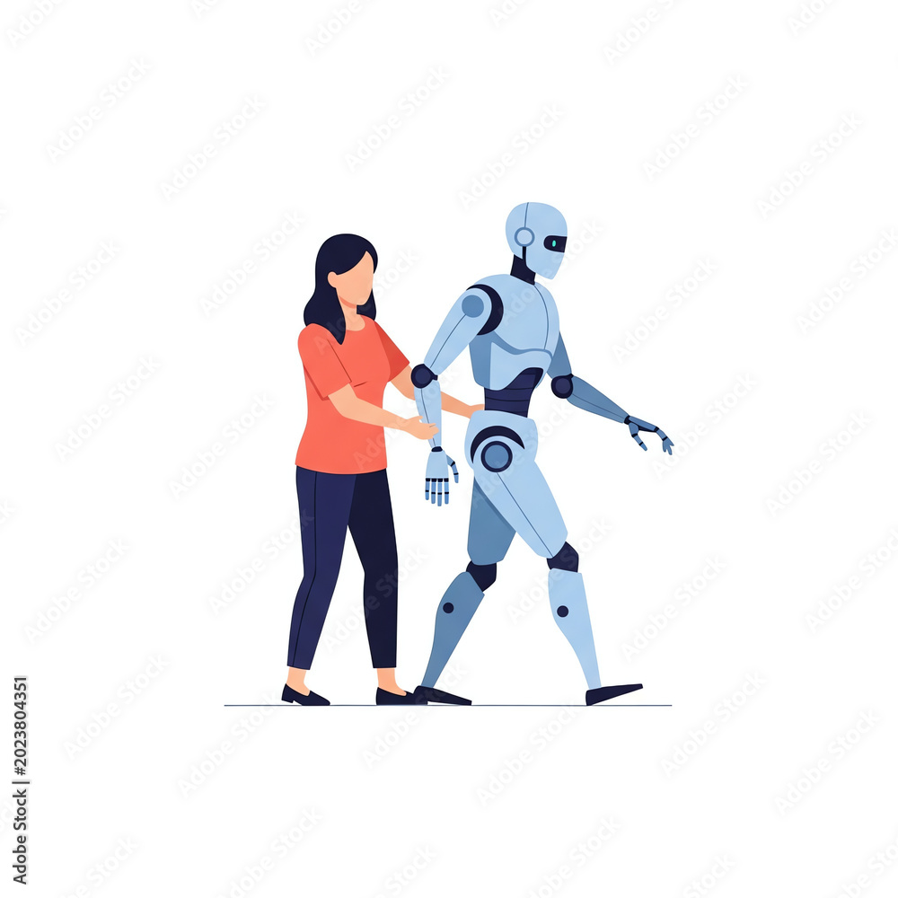 Fototapeta premium Woman guiding a humanoid robot flat vector illustration