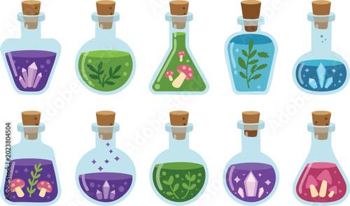 Magical alchemy potion bottles with cork stoppers, colorful liquid, crystals, mushrooms, and leaves set isolated.