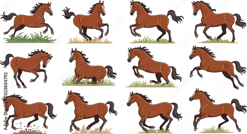 Fototapeta premium Running brown horse animation frames collection in various dynamic poses for game development and motion design graphics.