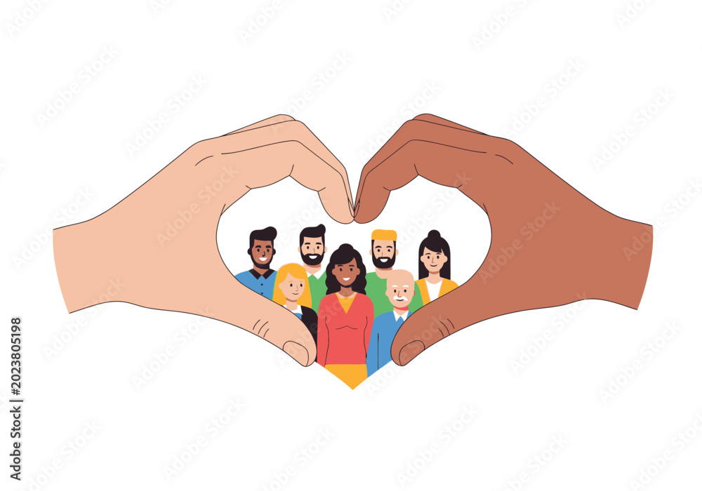 Fototapeta premium Diverse hands forming a heart around a group of people