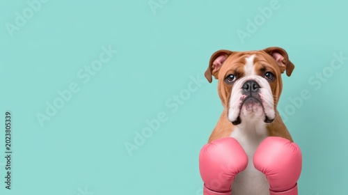 A serious bulldog wearing pink boxing gloves poses against a solid turquoise background.