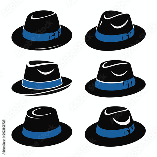 Set of Black Fedora Hat Vector Icons with Blue Ribbon Details