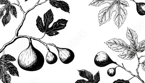 Schilderij op canvas Fig fruit and leaves branches inked botanical illustration on white background