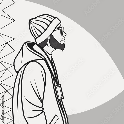 Profile view of stylish bearded man wearing beanie hat hoodie sunglasses