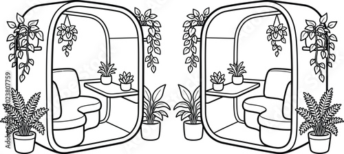 Biophilic Office Pods with Potted Plants: Cozy Workplace Privacy Booth and Coworking Meeting Space Line Art
